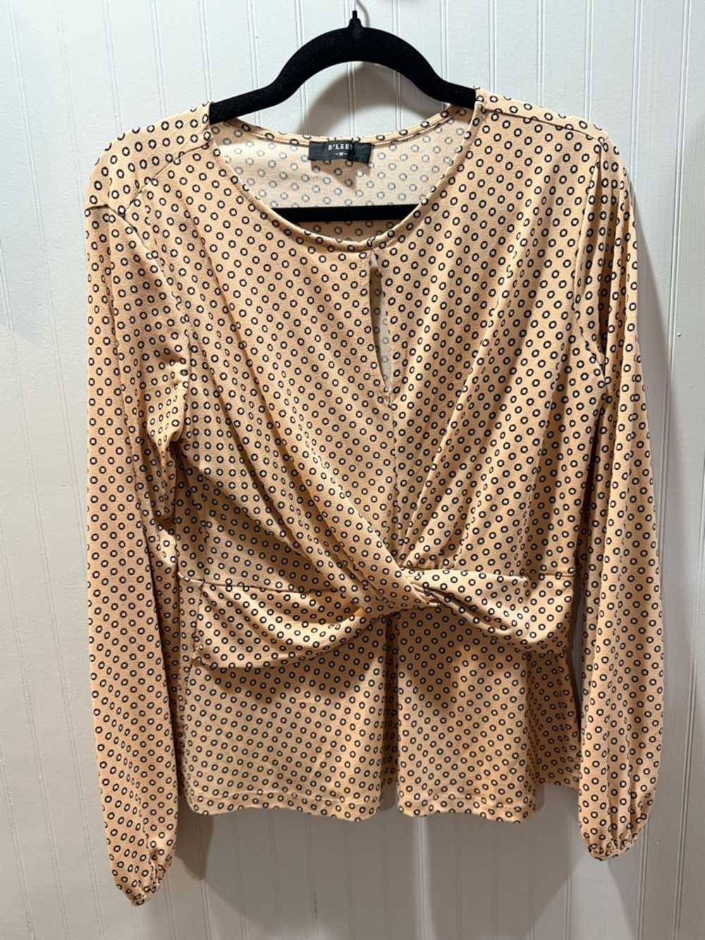 Beige Long-Sleeve Twist‎ Front Dot Print Top